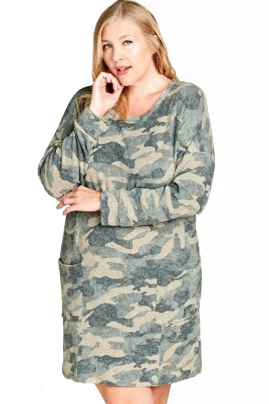 Plus Size Short Camouflage Lounge Dress Nightgown Long Sleeves