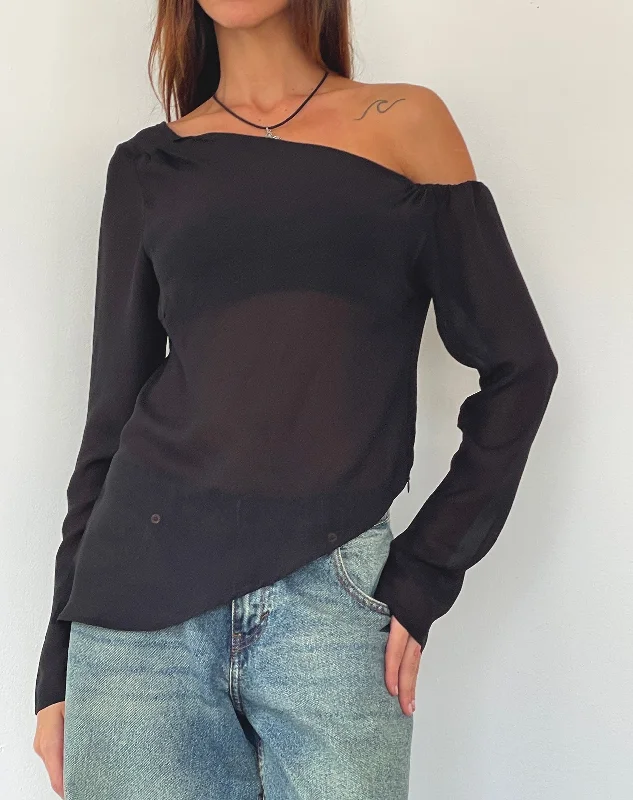 Button - Down Women Long Sleeve Top for a Classic StyleRiot Asymmetric Longline Top in Black Chiffon