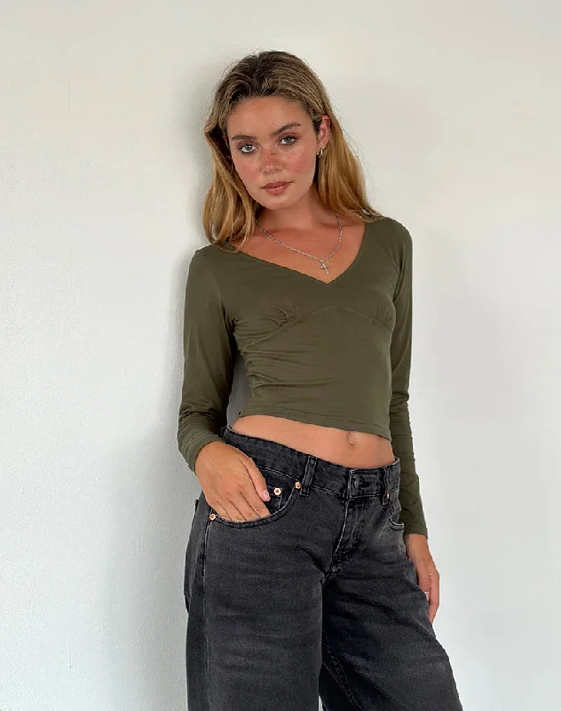 Metallic Accent Women Long Sleeve Top for a Glamorous LookSisil Long Sleeve Top in Olive