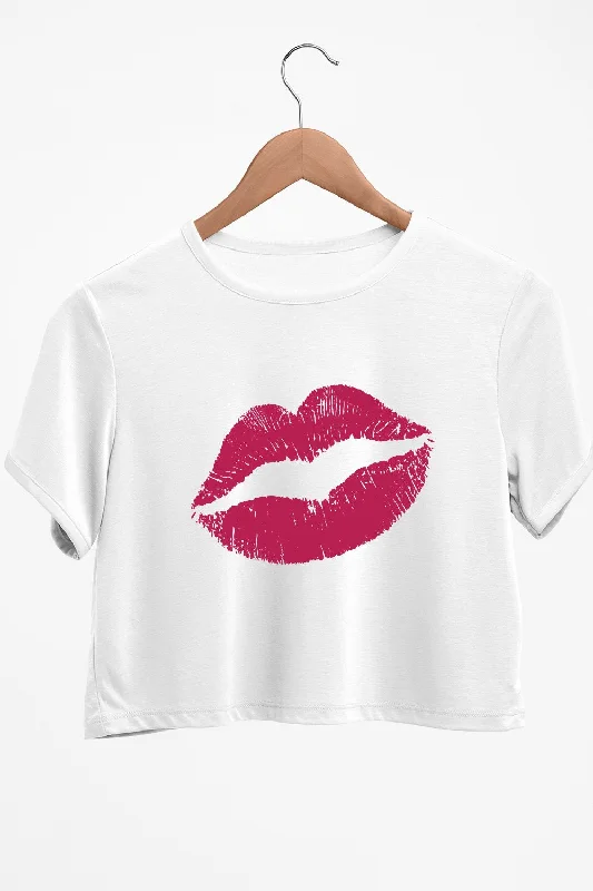 Crochet - Knit Women's Crop Top in Cream for a Bohemian and Artisanal LookRed Lip Graphic Printed White Crop Top