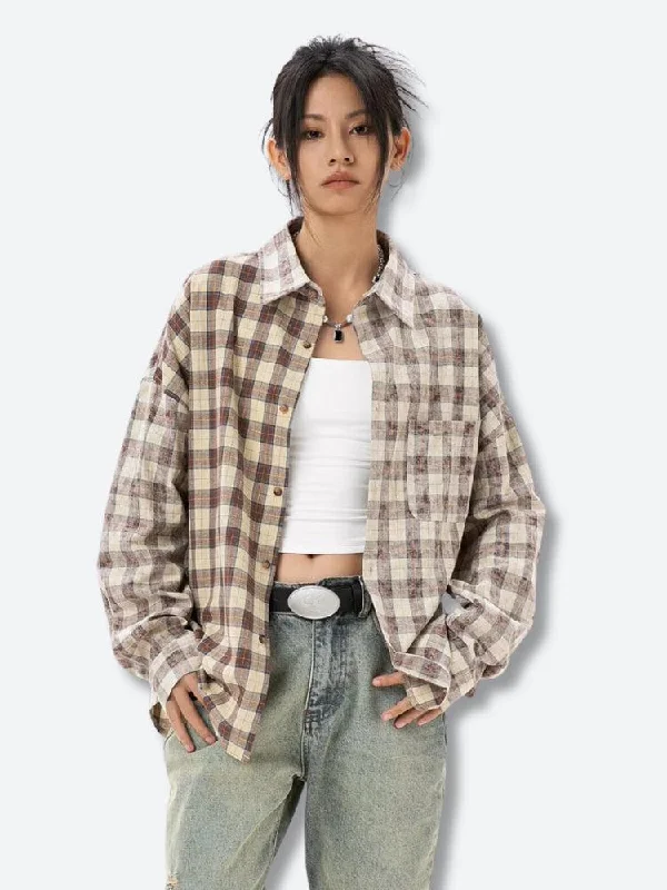 Women's ruffled long sleeve blouse shirtRetro Plaid Shirt