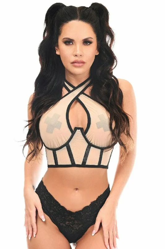 Casual halter top with a graphic design for a fun lookSexy Nude Mesh Underwire Cincher with Built In Halter Top