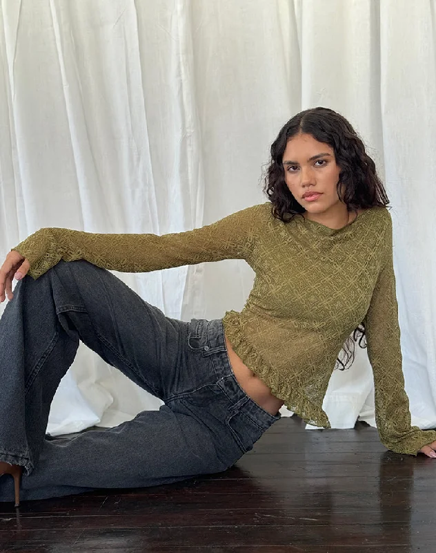 Lightweight Women Long Sleeve Top for Spring and AutumnAllegra Long Sleeve Top in Textured Moss Green Lace