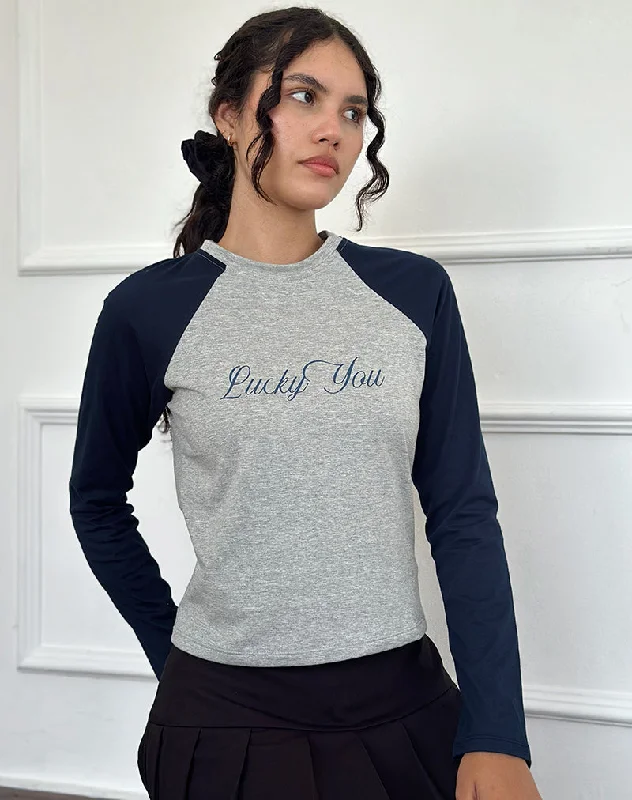 Mock Neck Women Long Sleeve Top for a Modern AestheticSabani Top in Grey Marl Navy with Lucky You Print