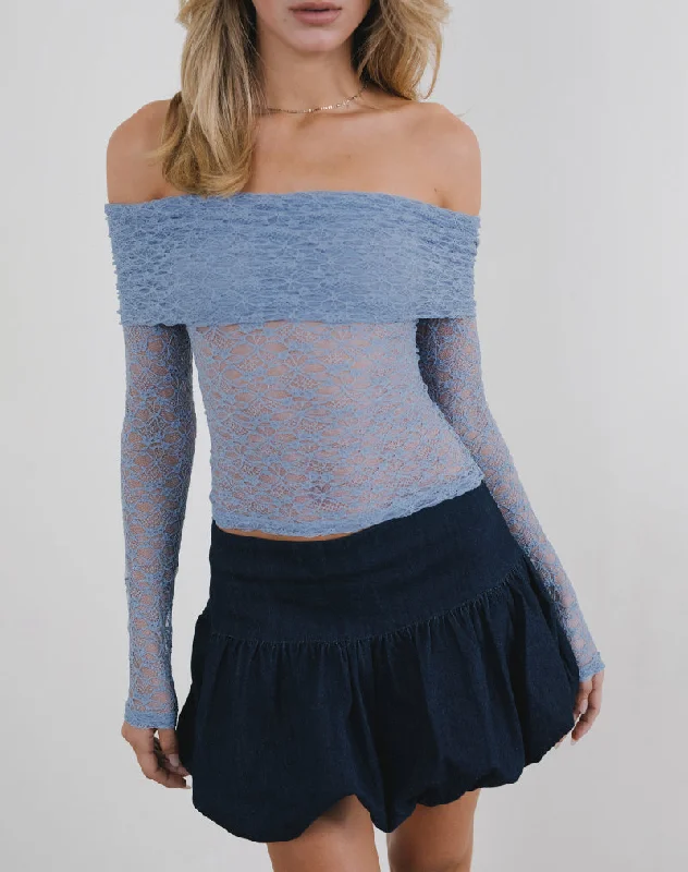 Plaid Women Long Sleeve Top for a Preppy VibeNesta Bardot Top in Unlined Lace Blue