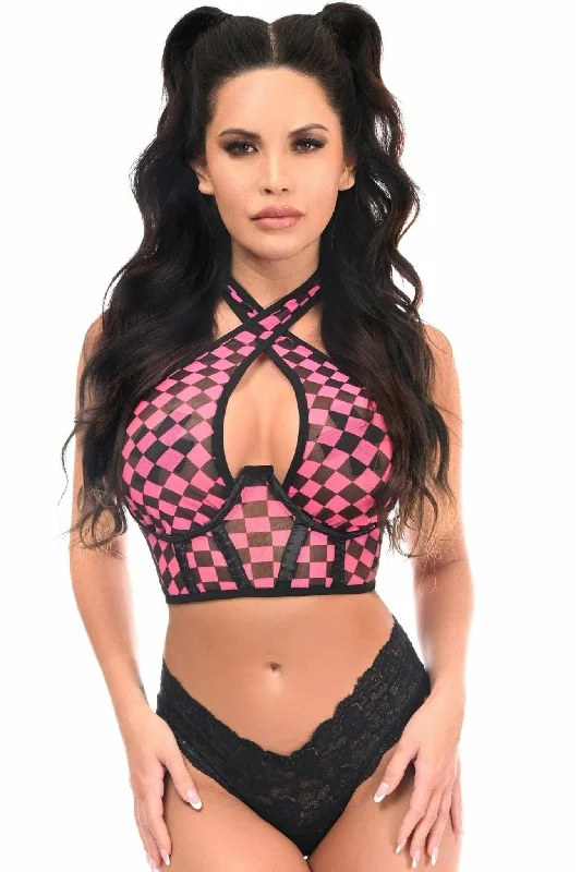 Vintage - style halter top with a retro print for a nostalgic lookSexy Black with Pink Checker Mesh Underwire Cincher with Built In Halter Top