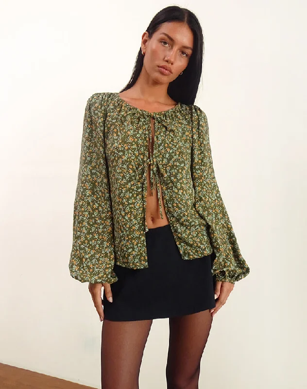 Ruffled Cuff Women Long Sleeve Top with a Feminine TouchModeta Tie Top in Grunge Floral Khaki