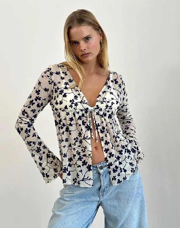 Cropped Women Long Sleeve Top to Pair with High - Waisted BottomsGerbera Long Sleeve Top in Grunge Floral Flock Cream