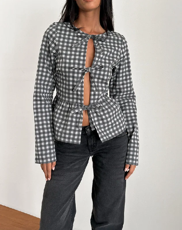 Metallic Accent Women Long Sleeve Top for a Glamorous LookBertaria Long Sleeve Top in Tonal Gingham Black and Grey