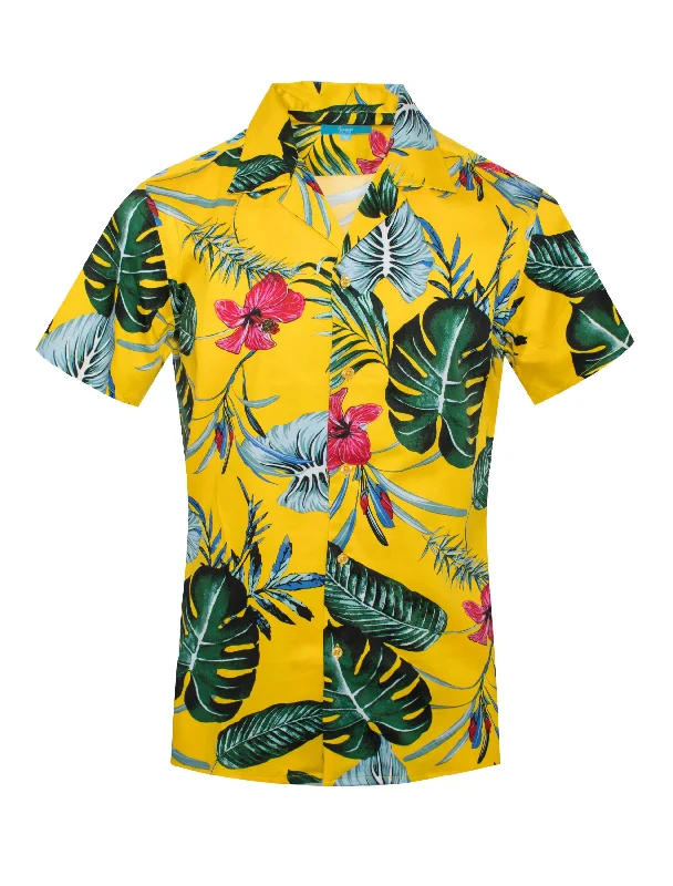 Crew Neck Women T Shirt with a Timeless DesignTropical print Cotton Stretch shirt In bright canary