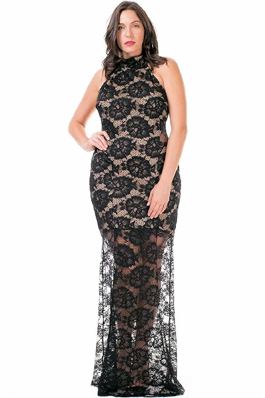 Women's Plus Size Long Black Lace Mermaid Gown Sleeveless