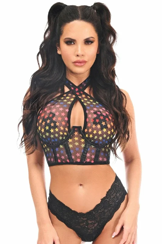 Travel - friendly halter top that packs easilySexy Rainbow Stars Mesh Underwire Cincher with Built In Halter Top