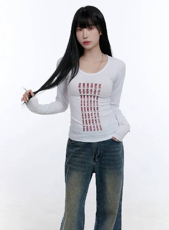 Printed Graphic Women Long Sleeve Top with a Bold StatementGraphic Lettering Slim-Fit Long Sleeve Top CD419