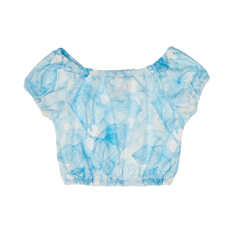 Sleeveless Women's Linen Crop Top in Natural for a Breathable and Casual Summer StyleGIRL'S CROP TOP FLOWERS BLUE