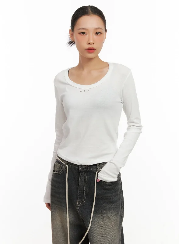 Wrap - Style Women Long Sleeve Top for a Versatile FitCotton Blend Solid U Neck Top CD410