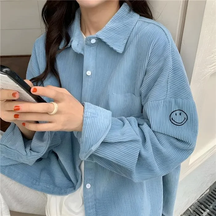 Women's applique long sleeve cotton shirtSmiley Embroidered Corduroy Shirt