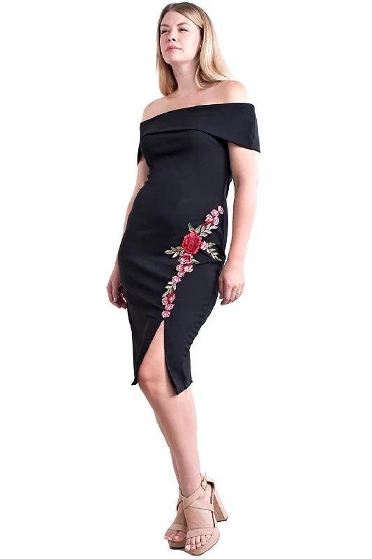 Women's Plus Size Black Off Shoulder Dress with Red Roses