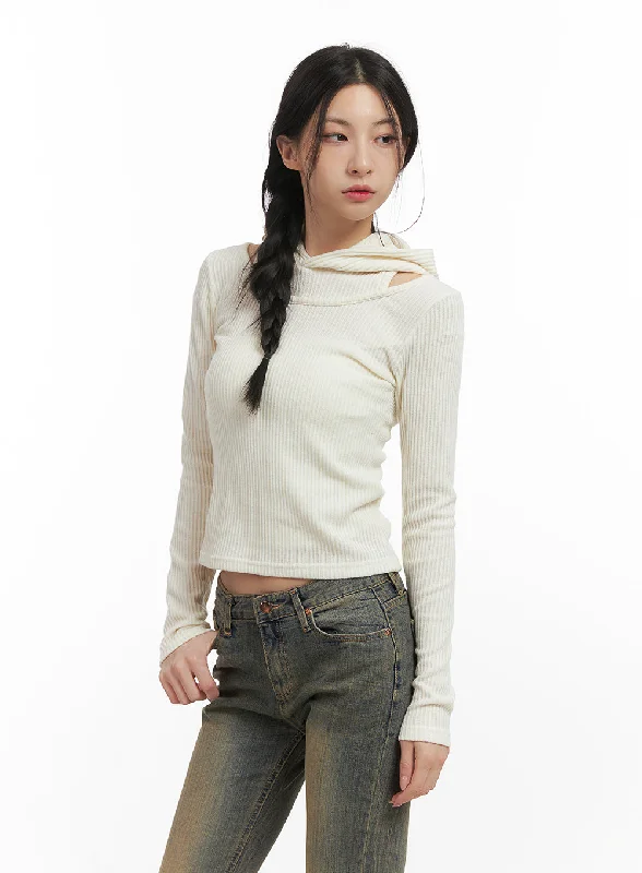 Thermal Women Long Sleeve Top for Extra Warmth in WinterLayered Hooded Crop Top CN428