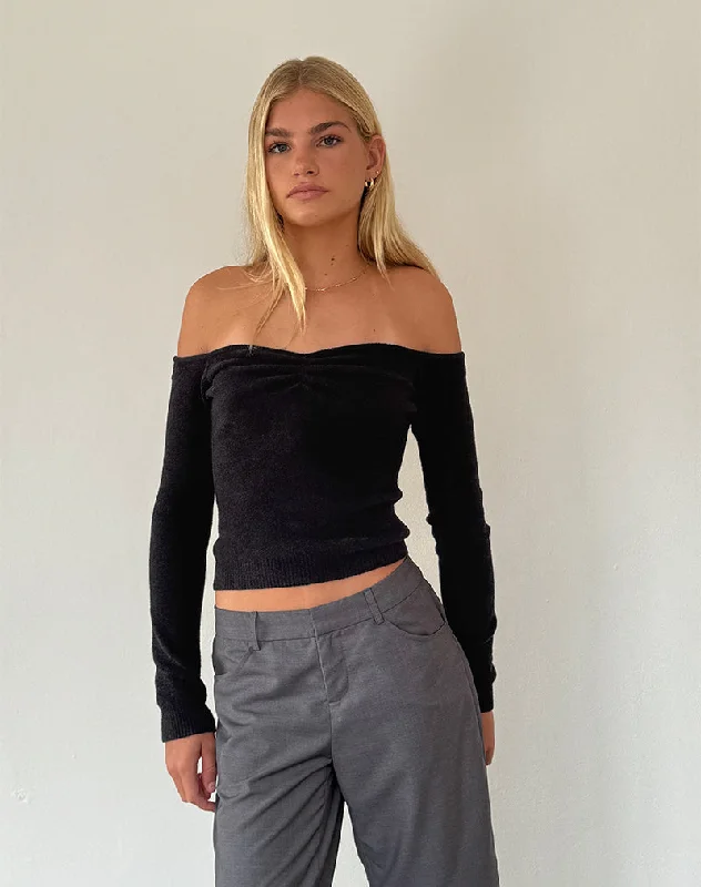 Organic Cotton Women Long Sleeve Top for Eco - Friendly ComfortMakena Bardot Jumper in Brushed Black