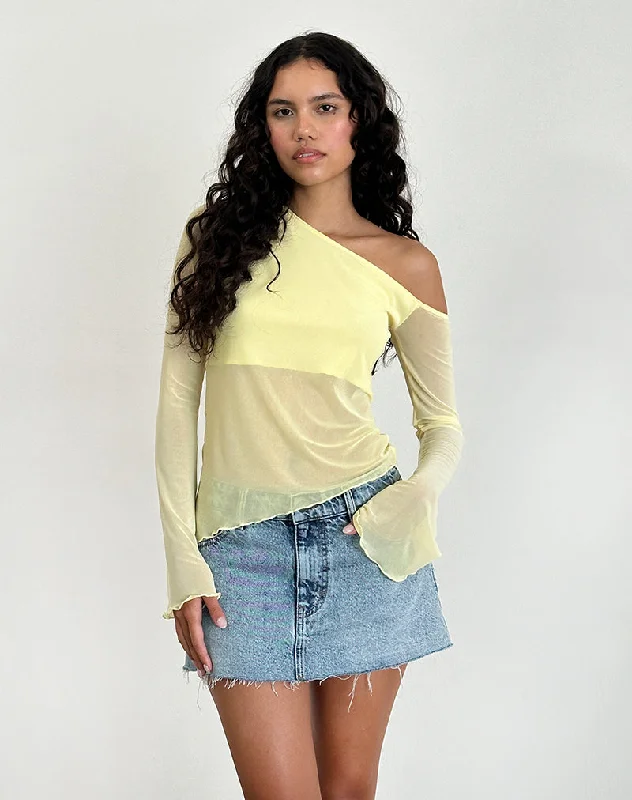 Printed Graphic Women Long Sleeve Top with a Bold StatementNarcissa Asymmetric Top in Mesh Lemon