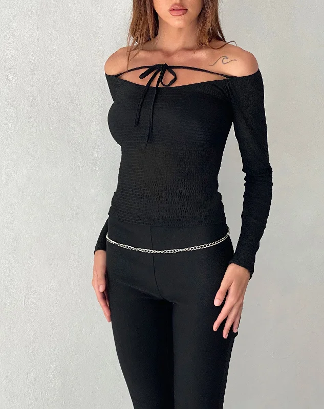 Organic Cotton Women Long Sleeve Top for Eco - Friendly ComfortAlondra Long Sleeve Tie Front Top in Textured Black