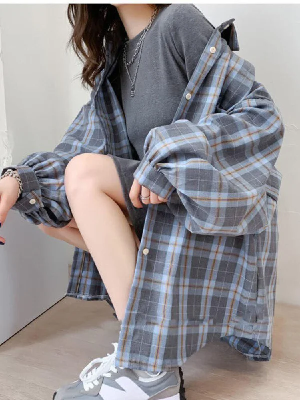 Women's festival - wear long sleeve bohemian shirtPuff Sleeve Plaid Shirt