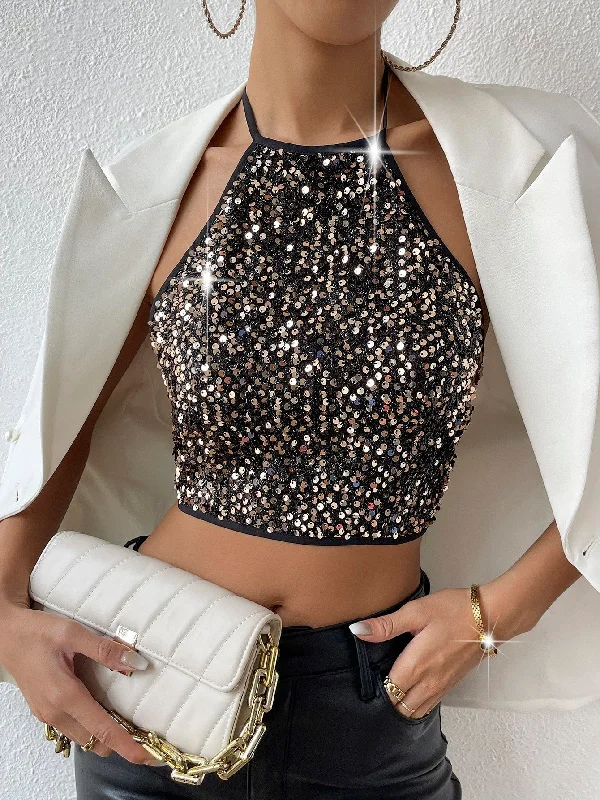 Petite - sized halter top with shorter length for a proportional lookAllurite Open Back Crop Sequins Halter Top, Going Out Top