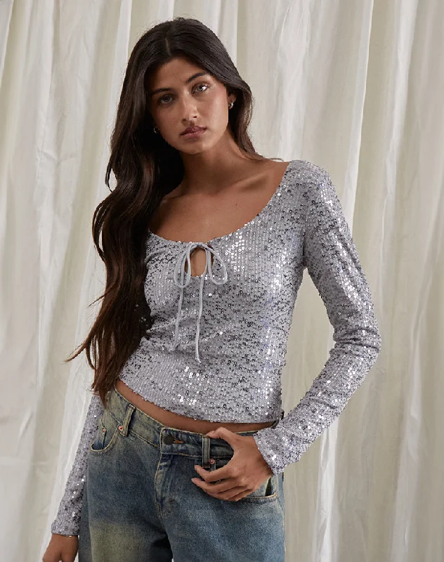 Cable - Knit Women Long Sleeve Top with a Cozy TextureMeraga Tie Front Top in Silver Sequin