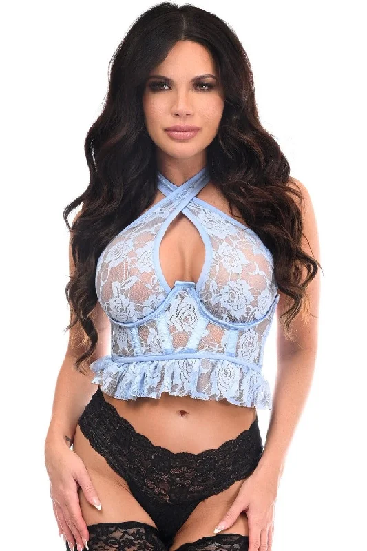 Sequined fringe halter top for a glamorous stage lookLavish Lt Blue Lace Underwire Cincher w/Built In Halter Top