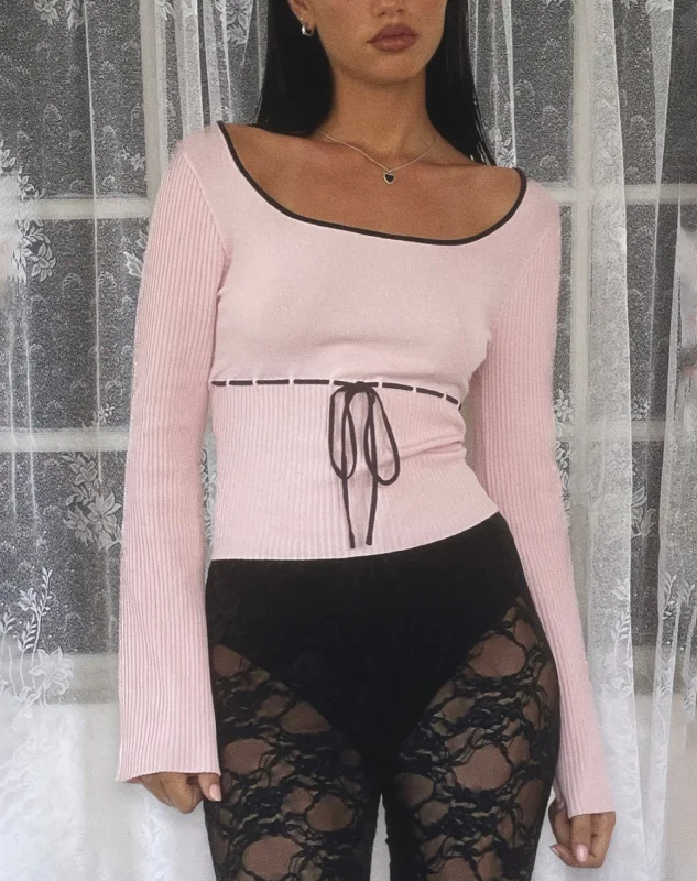 Metallic Accent Women Long Sleeve Top for a Glamorous LookJuhye Knitted Long Sleeve Top in Blush Pink with Black Binding