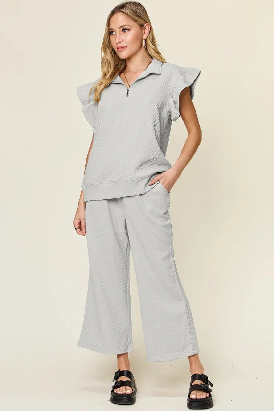 Women's Straight - Leg Linen Pants for a Breezy Summer LookDouble Take Texture Ruffle Short Sleeve Top and Drawstring Wide Leg Pants Set