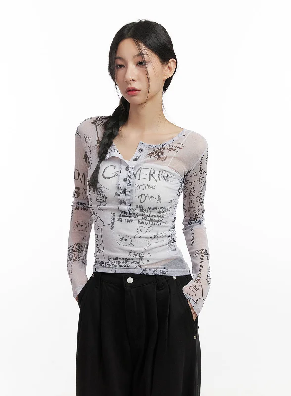 Lightweight Women Long Sleeve Top for Spring and AutumnGraphic Sheer Slim-Fit Top CN426