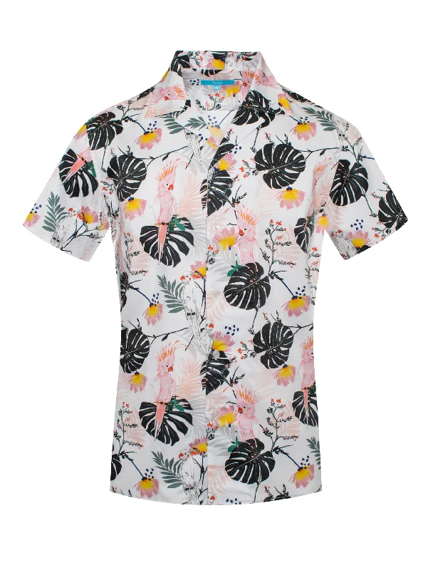 Distressed Women T Shirt with a Laid - Back AestheticTropical Print Cotton Stretch Shirt Pink Parrots