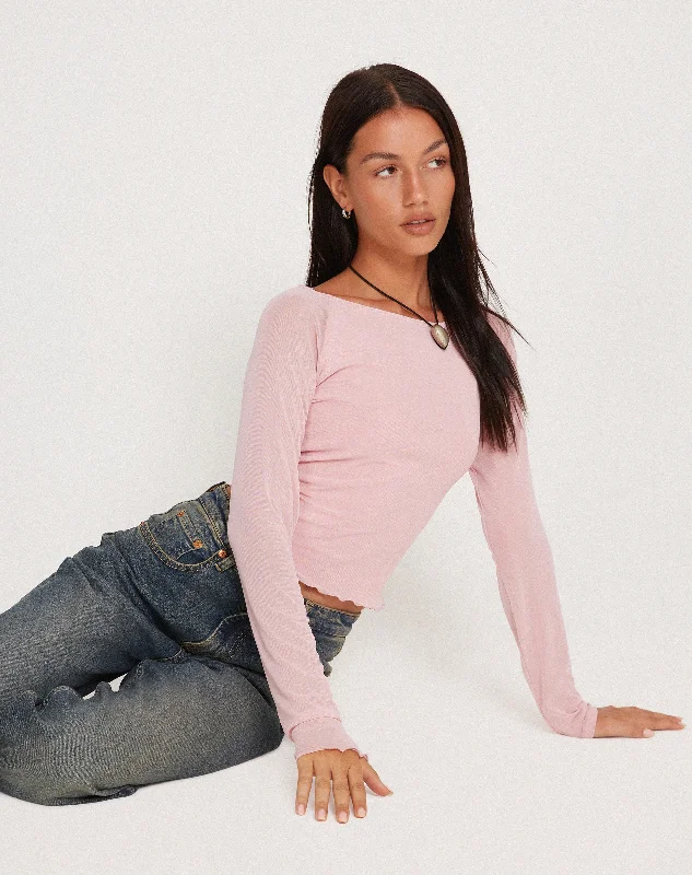 Cropped Women Long Sleeve Top to Pair with High - Waisted BottomsMahira Long Sleeve Mesh Top in Pink