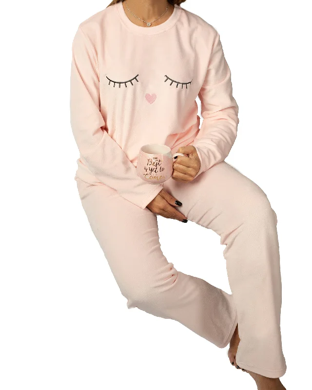 Ankle - Length Women's Printed Joggers for TravelingPajama Set with Printed Lashes Long Sleeve Top and Plain Pants