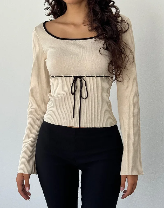 Cable - Knit Women Long Sleeve Top with a Cozy TextureJuhye Knitted Long Sleeve Top in Beige with Black Binding