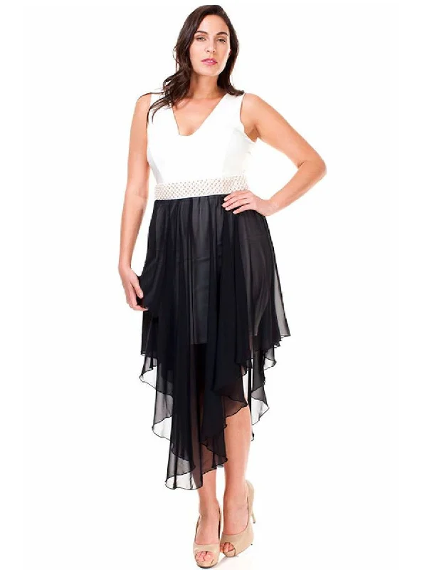 Plus Size Dress Sleeveless with Pearl Waistline and Chiffon Skirt