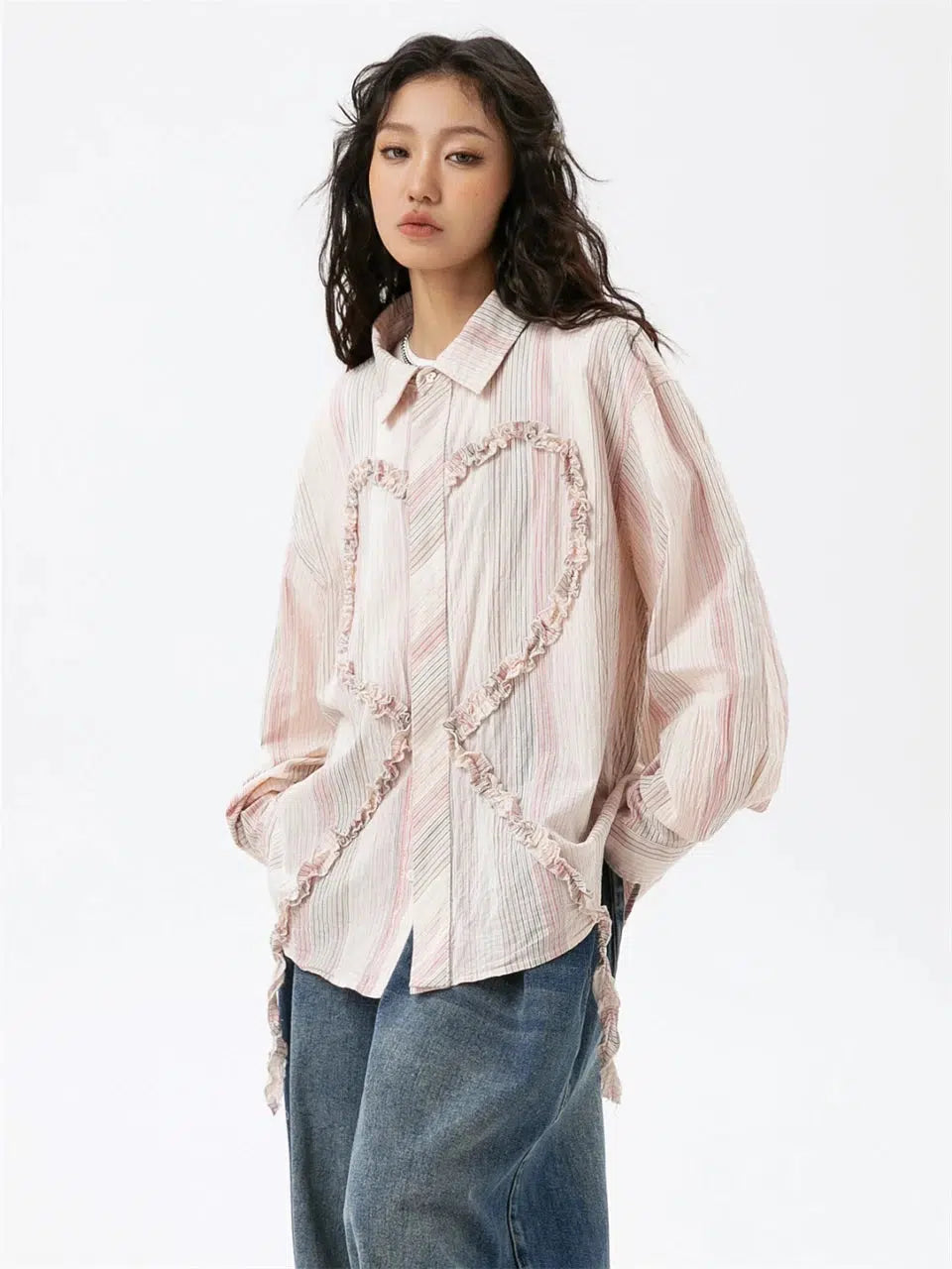 Women's hand - wash only long sleeve silk - blend shirtSoft Girl Ruffled Heart Shirt