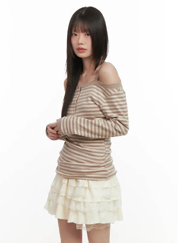 Pocket - Equipped Women Long Sleeve Top for Added FunctionalityStriped Off-Shoulder Long Sleeve Top CD425