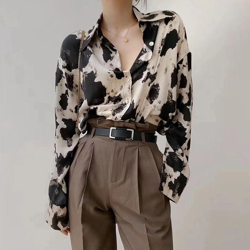 Women's formal long sleeve satin - finish shirtCow Print Shirt