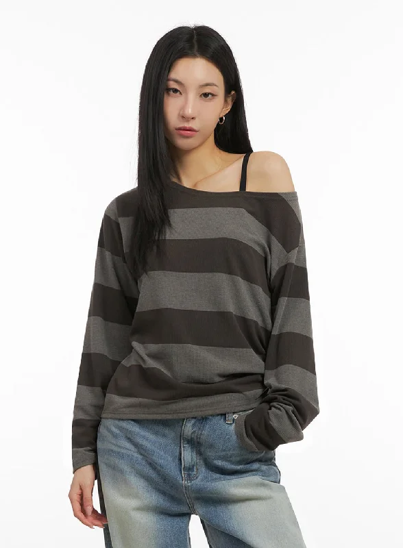 Puffer - Sleeve Women Long Sleeve Top for a Fashion - Forward LookOne-Shoulder Striped Top ID431