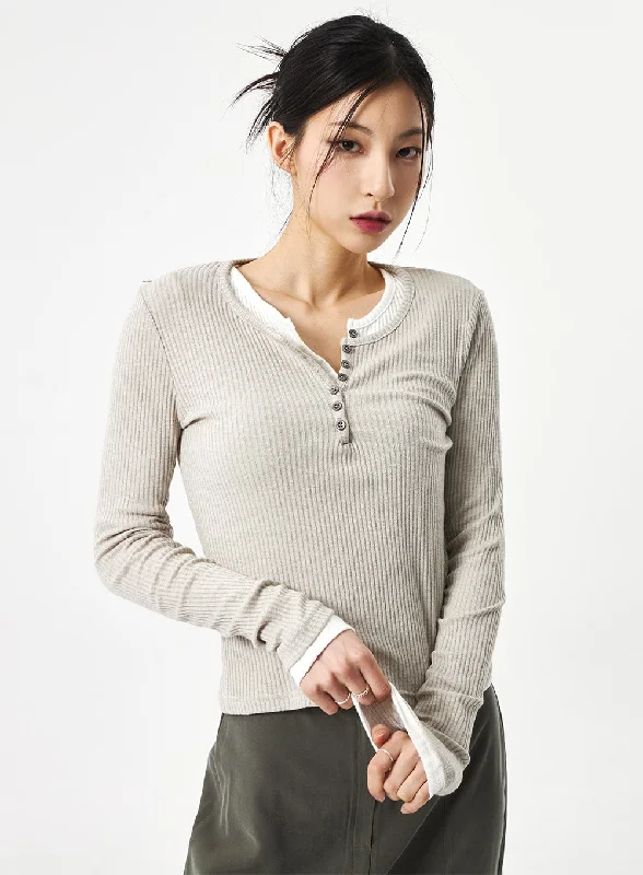 Ribbed Women Long Sleeve Top with a Textured AppealButton Neck Top CA311