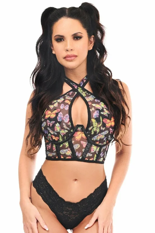 Square - neck halter top with adjustable straps for a perfect fitSexy Multi Butterflies Mesh Underwire Cincher with Built In Halter Top