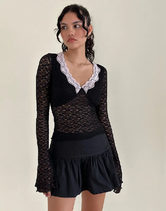 Floral Printed Women Long Sleeve Top for a Romantic LookChantal Lace Top in Black with Pink Trim