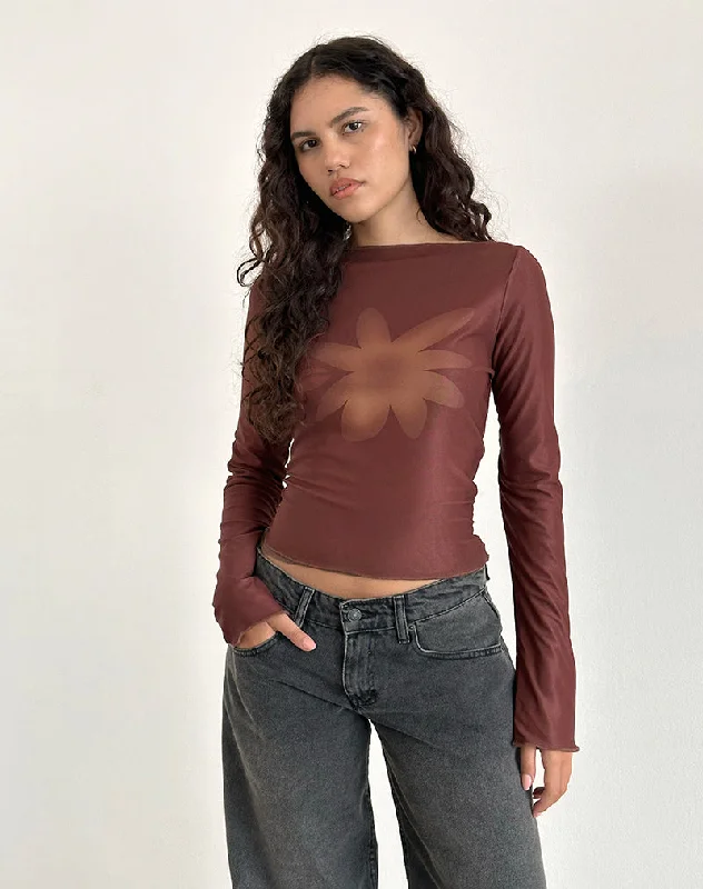 Mock Neck Women Long Sleeve Top for a Modern AestheticArmali Long Sleeve Top in Mesh Tonal Flower Brown