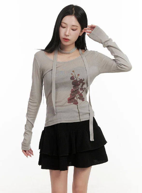 Button - Down Women Long Sleeve Top for a Classic StyleSheer Graphic Flower Top & Scarf CD404