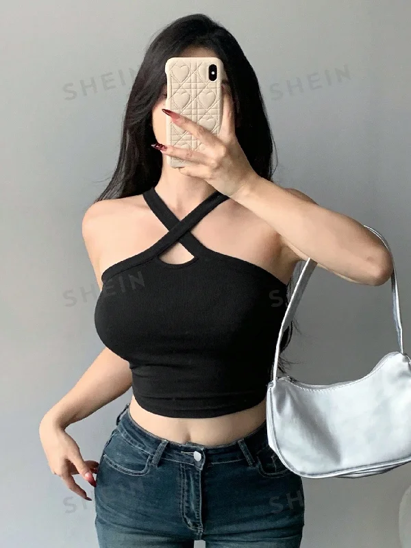 Maternity halter top for pregnant women's summer wardrobeWomen's Solid Color Crisscross Halter Top