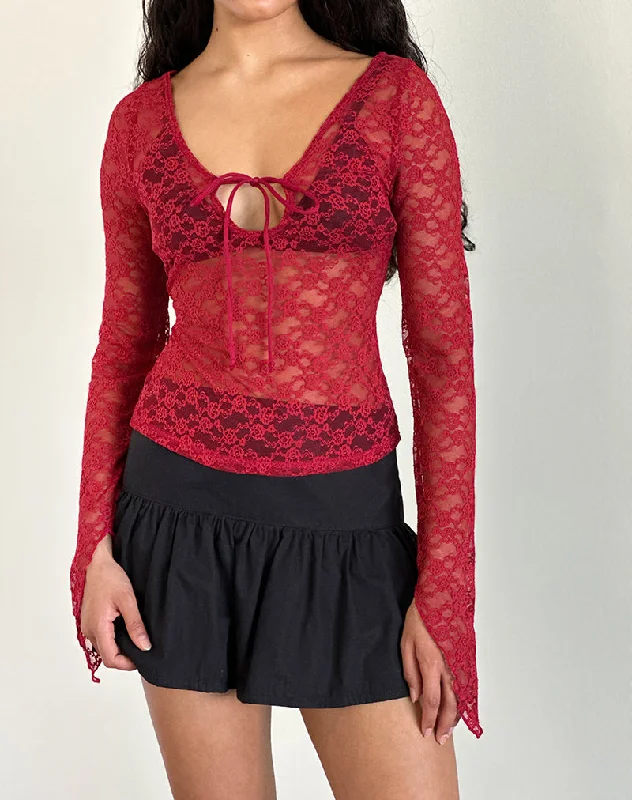 Puffer - Sleeve Women Long Sleeve Top for a Fashion - Forward LookNatasha Tie Front Top in Mari Lace Red