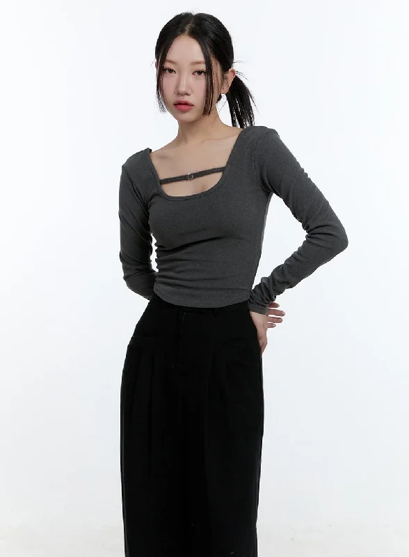 Cropped Women Long Sleeve Top to Pair with High - Waisted BottomsU Neck Solid Crop Tee CD420