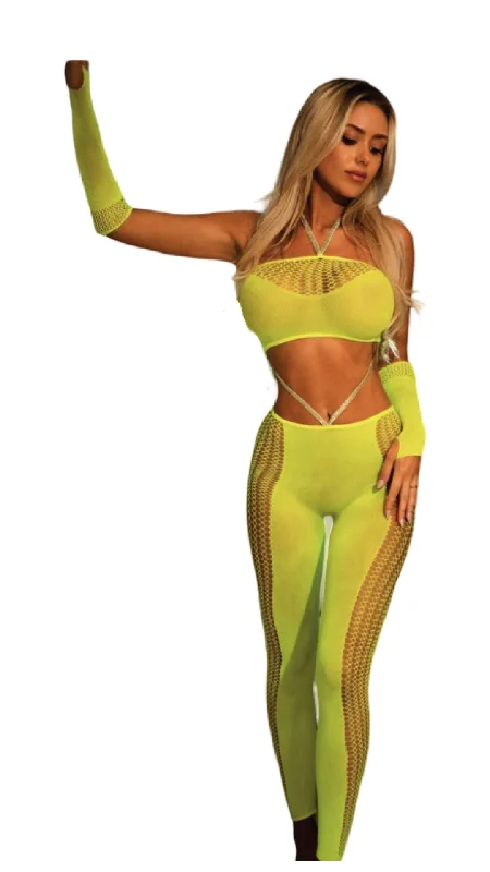 Capri Length Women's Printed Yoga Pants for Workout SessionsSilver Sparkle Halter and Matching Pants Neon Yellow